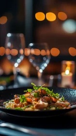 Gourmet plated entr&eacute;e under shallow depth-of-field bokeh lighting.