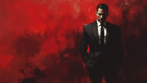 Solitary suited figure dominates abstract crimson backdrop