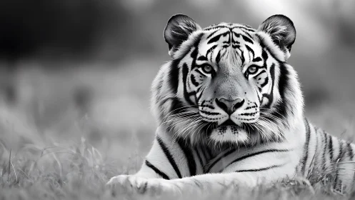 Tiger lies on grass and faces camera in sharp monochrome portrait