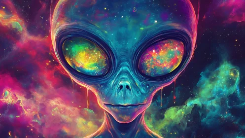 Starlit alien gaze welcomes viewers into a neon cosmic dream