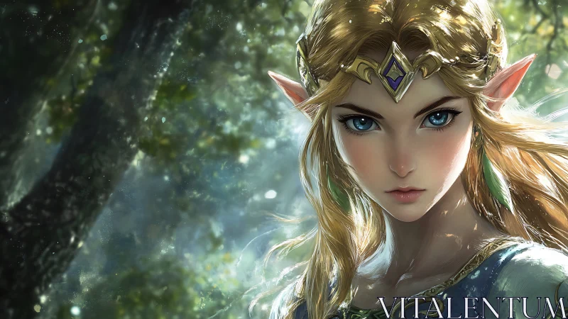 Forestborn elf princess faces dappled dawn with fierce calm.