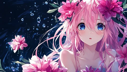 Pink haired anime girl in water surrounded by pink flowers.