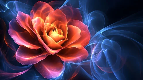 Luminous digital rose with swirling neon smoke aura.