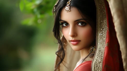 Portrait of woman in ornate dupatta with soft greenery.