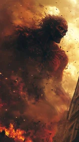 Towering fire giant emerging through swirling city flames.