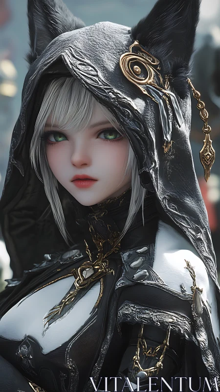 Silver haired fox mage in obsidian ceremonial armor gazes on.