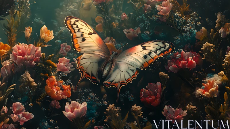 Gentle butterfly drifting through a dreamlit flower meadow.