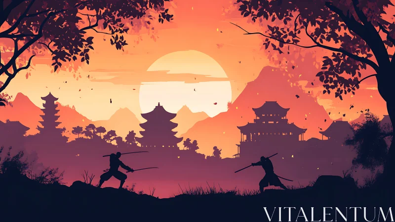 Samurai duel silhouettes at sunset over ancient temples.