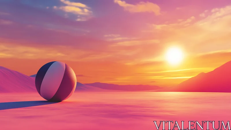 Striped ball on flat terrain under saturated sunset sky.