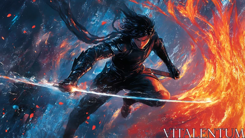 Dynamic swordsman channels elemental fire in kinetic digital art