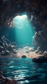 Volumetric light shafts illuminate a rocky sea cave pool interior