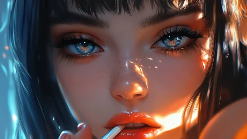 Close digital portrait of young woman with reflective eyes.