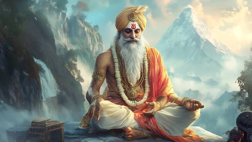 Himalayan sage in meditation on rocky peak at sunrise.