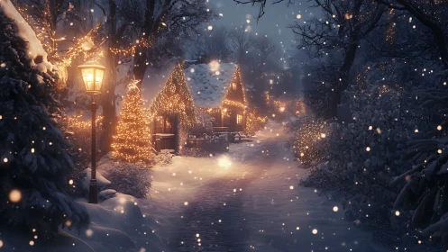 Snow covered village lane with illuminated cottages at night.