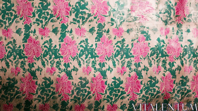 Floral brocade textile with pink blossoms on gold ground.