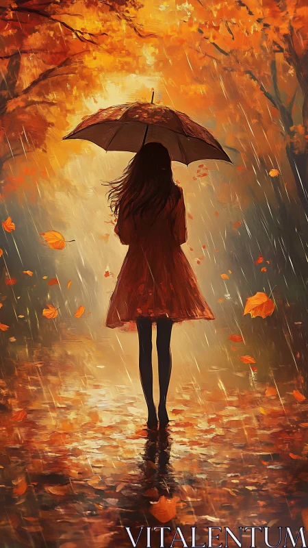 Solitary figure under umbrella in luminous autumn rain corridor