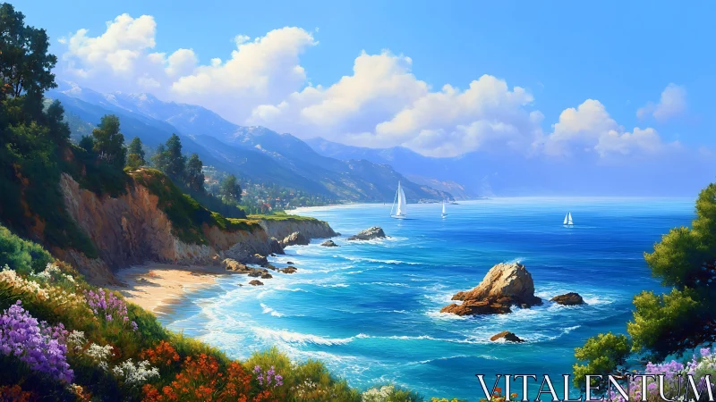 Coastal cliff shoreline with sailboats positioned along blue water