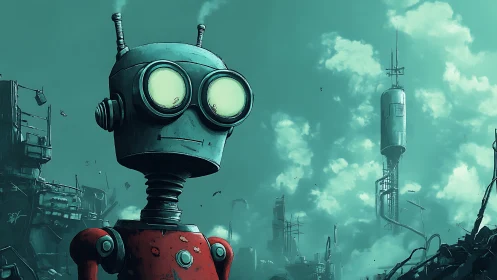 Lonely cartoon robot in teal post apocalyptic cityscape.