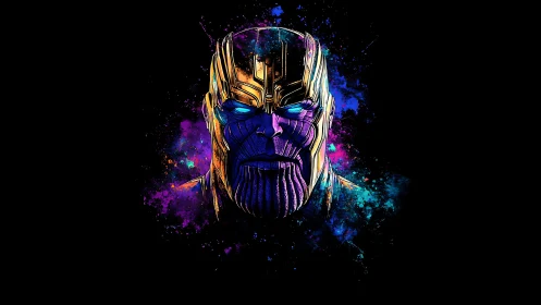 Cosmic villain portrait in neon splatter digital art.