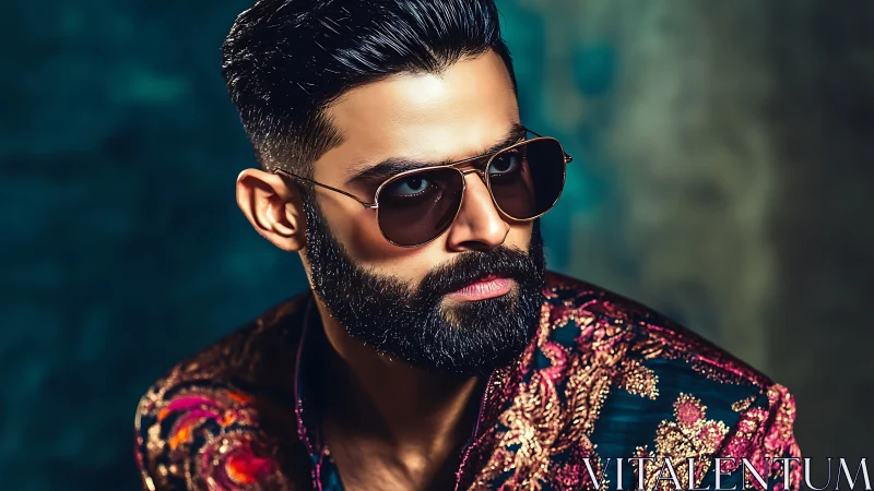 Bearded man in ornate embroidered jacket and sunglasses.