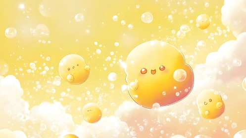 Cheerful Bubble Characters in Golden Sky.