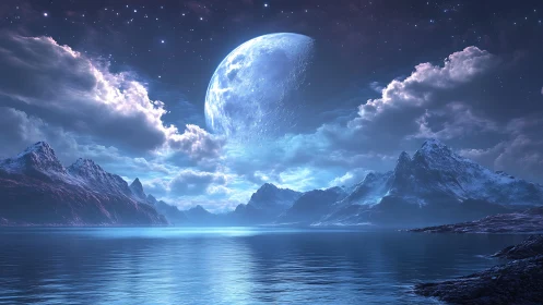 Moonlit crystal shores under a dreamy alien night sky.