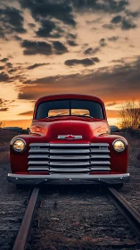 Red vintage Chevrolet truck centered on railway tracks.