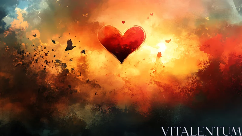 Red heart shape center frame surrounded by warm tones and dispersed particles