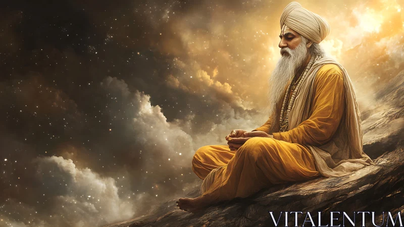 Elderly turbaned man meditating on rocky ledge in clouds.