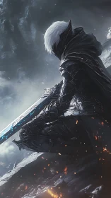 Armored dark knight kneels with glowing runic sword in storm