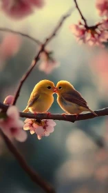 Two Golden Birds Perched on Branch with Cherry Blossoms.