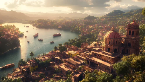 Sunlit river valley city with domed cathedral and boats.