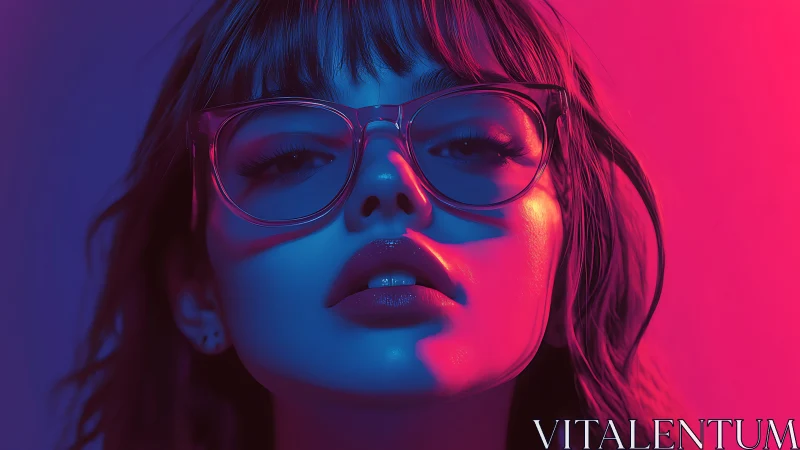 Neon-lit portrait of woman with glasses in duotone glow.