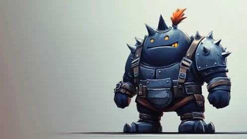 Melancholy metal brute in spiked armor with tiny mohawk.