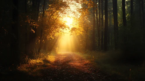 Sunlit forest path with golden morning light, nature landscape.