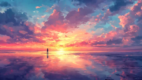 Solitary dreamer walking across a mirrored sunset sea.