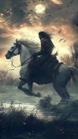 Lone rider on white horse beneath a stormy moonlit sky.