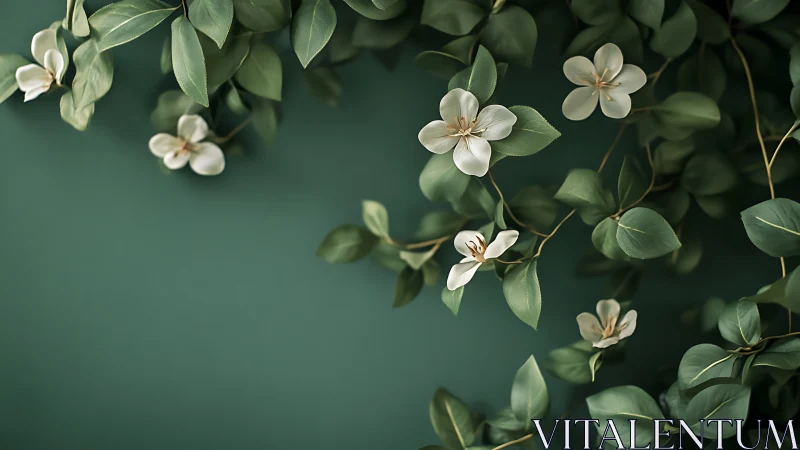 Soft white blossoms drift over deep green foliage backdrop.