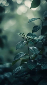 Quiet forest leaves rest under gentle morning raindrops