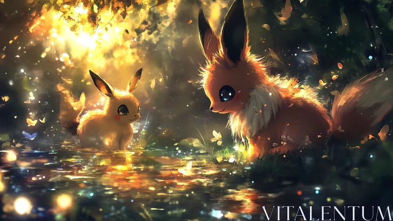 Two foxlike creatures share a glowing forest stream.