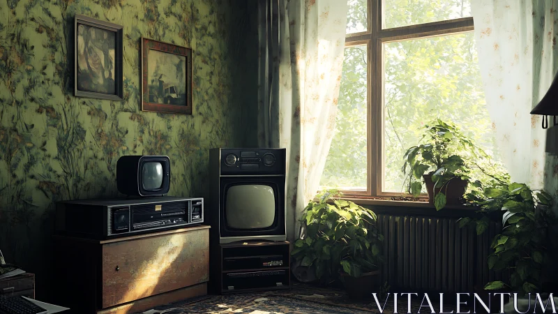 Sunlit retro living room where houseplants tame old tech.