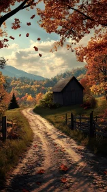 Cozy country lane winding toward a quiet autumn cabin.