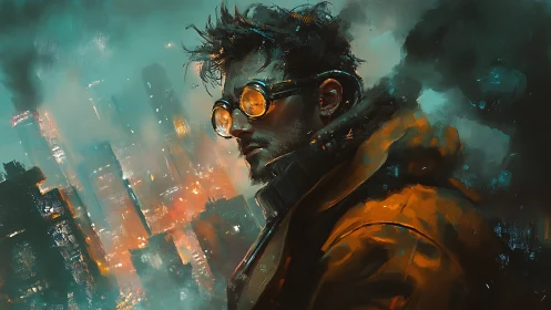 Hardened survivor in burning futuristic city at night.