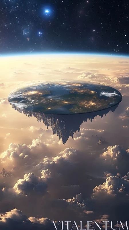 Drifting flat world island cradled above sunlit clouds.