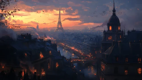 Dramatic burning Paris cityscape at dusk with Eiffel Tower