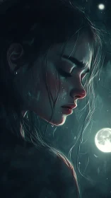 Moonlit tears drift across a quiet, rain-soaked reverie