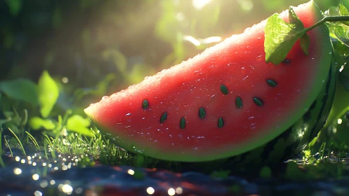 Sunlit slice of watermelon resting in a dewy garden.