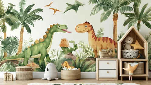 Playful dinosaur nursery corner filled with cozy charm.