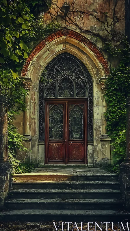 Gothic stone portal with ornate wooden doors in ivy overgrowth