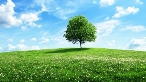 Solitary green tree crowns a bright spring meadow under blue sky.